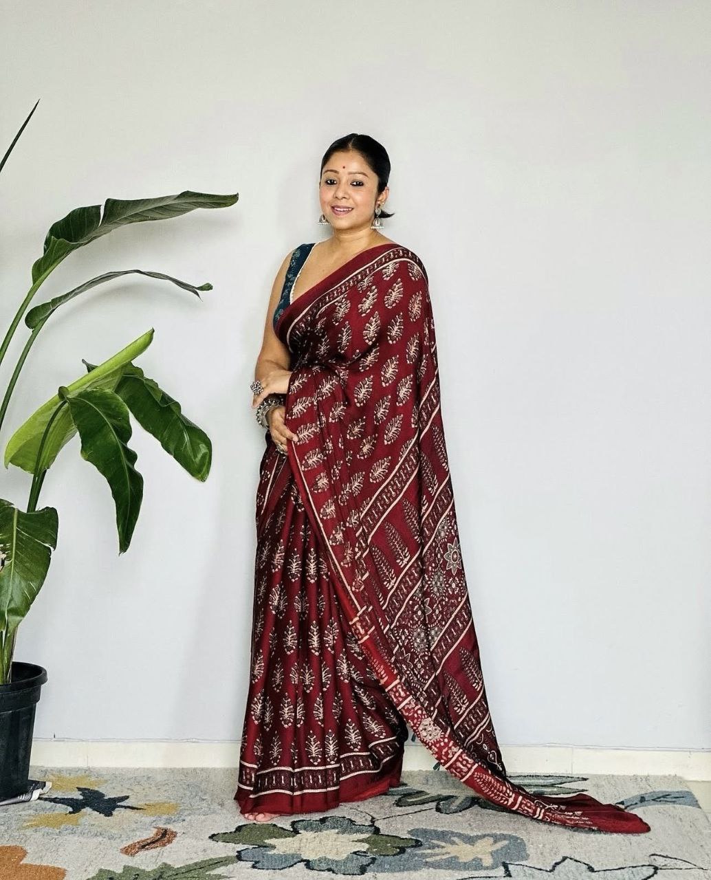 Ajrakh Digital Printed Original Modal Silk Saree with Attached Blouse