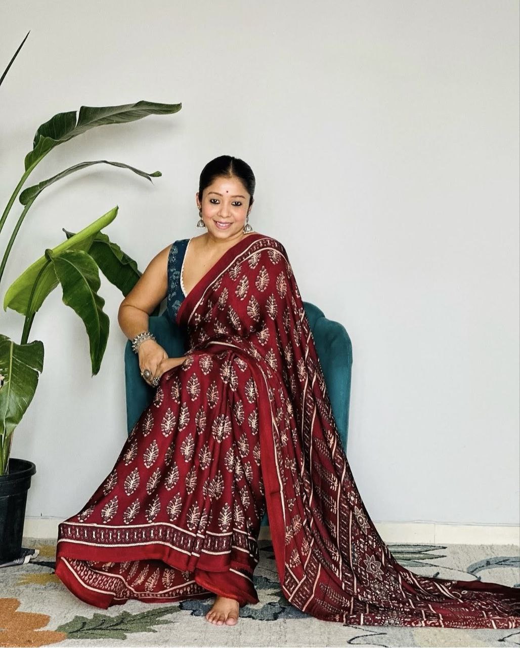 Ajrakh Digital Printed Original Modal Silk Saree with Attached Blouse