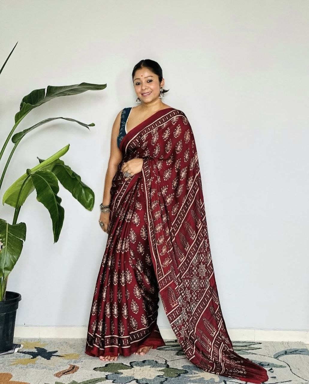 Ajrakh Digital Printed Original Modal Silk Saree with Attached Blouse