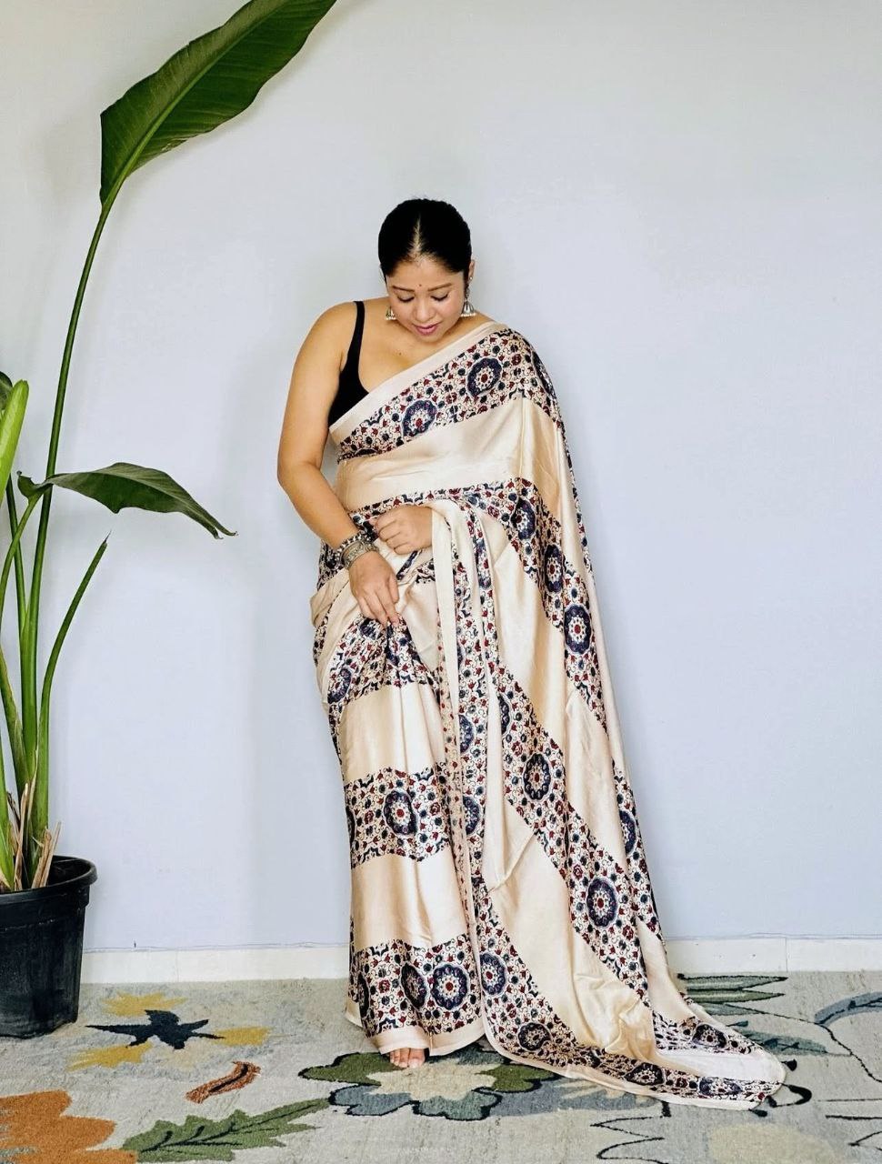 Ajrakh Digital Printed Original Modal Silk Saree with Attached Blouse