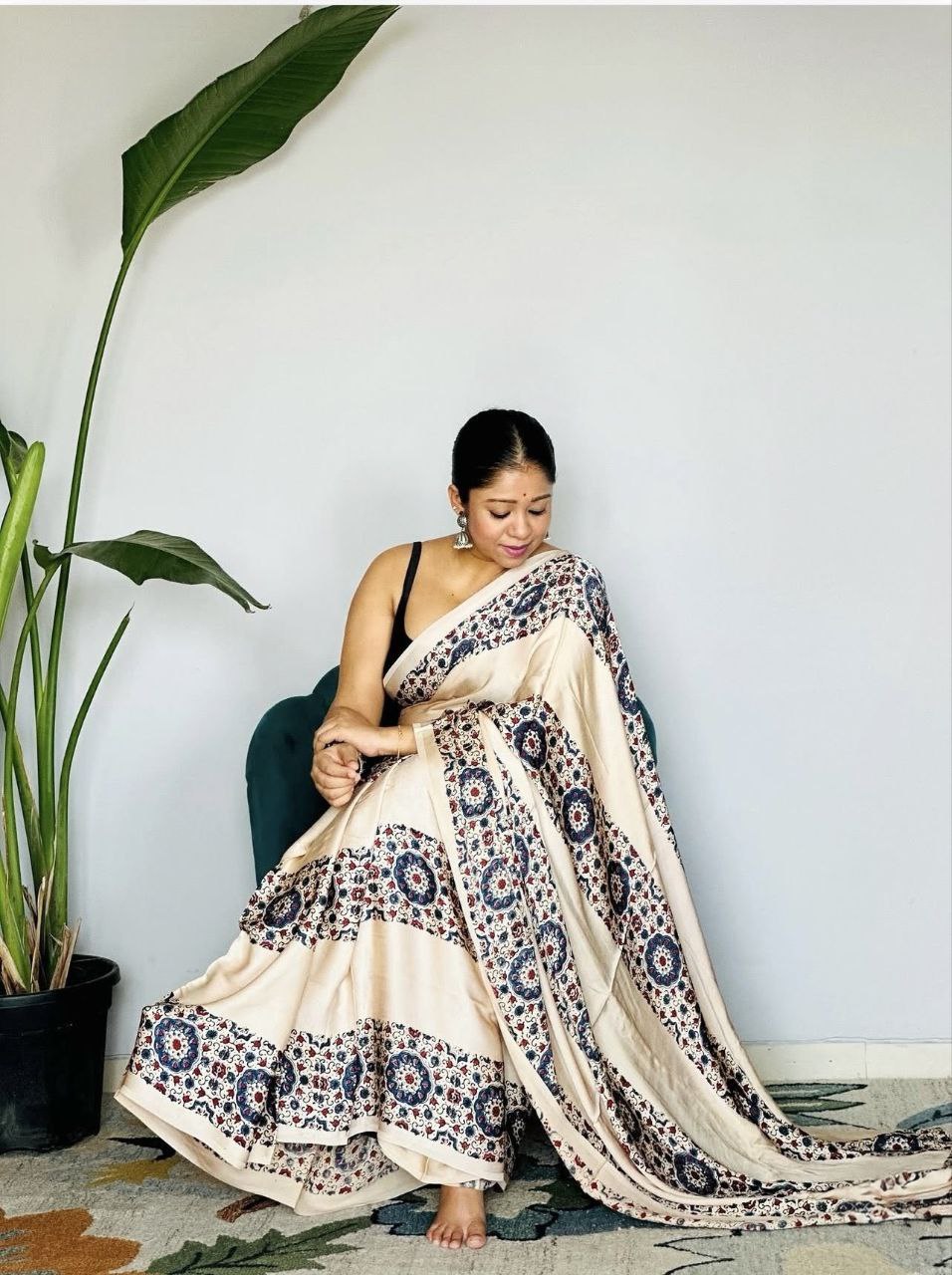 Ajrakh Digital Printed Original Modal Silk Saree with Attached Blouse