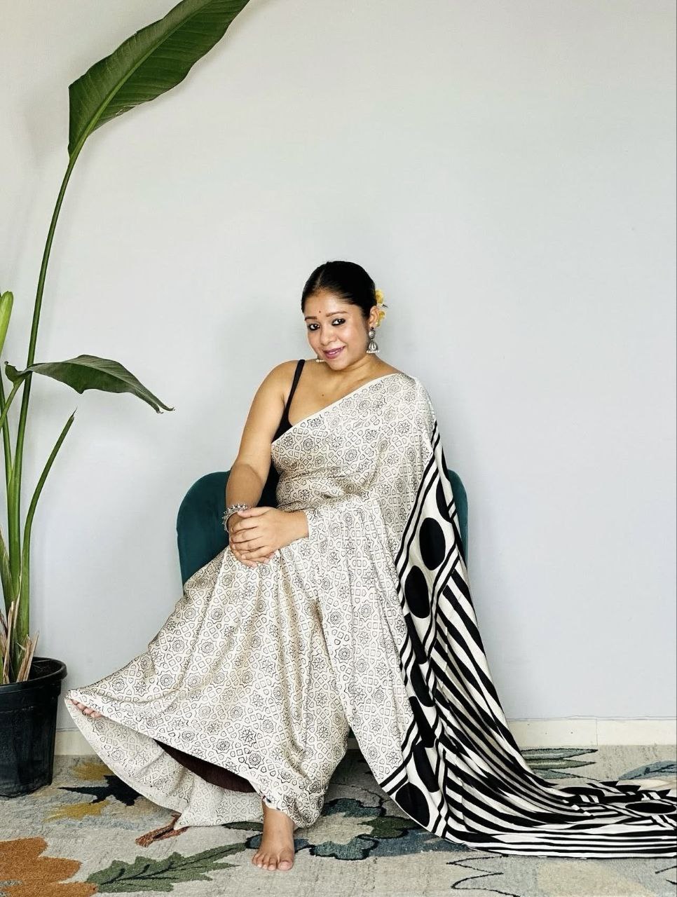 Ajrakh Digital Printed Original Modal Silk Saree with Attached Blouse