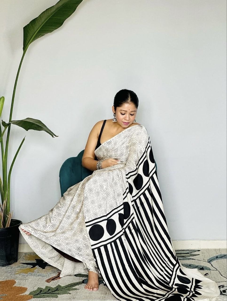 Ajrakh Digital Printed Original Modal Silk Saree with Attached Blouse