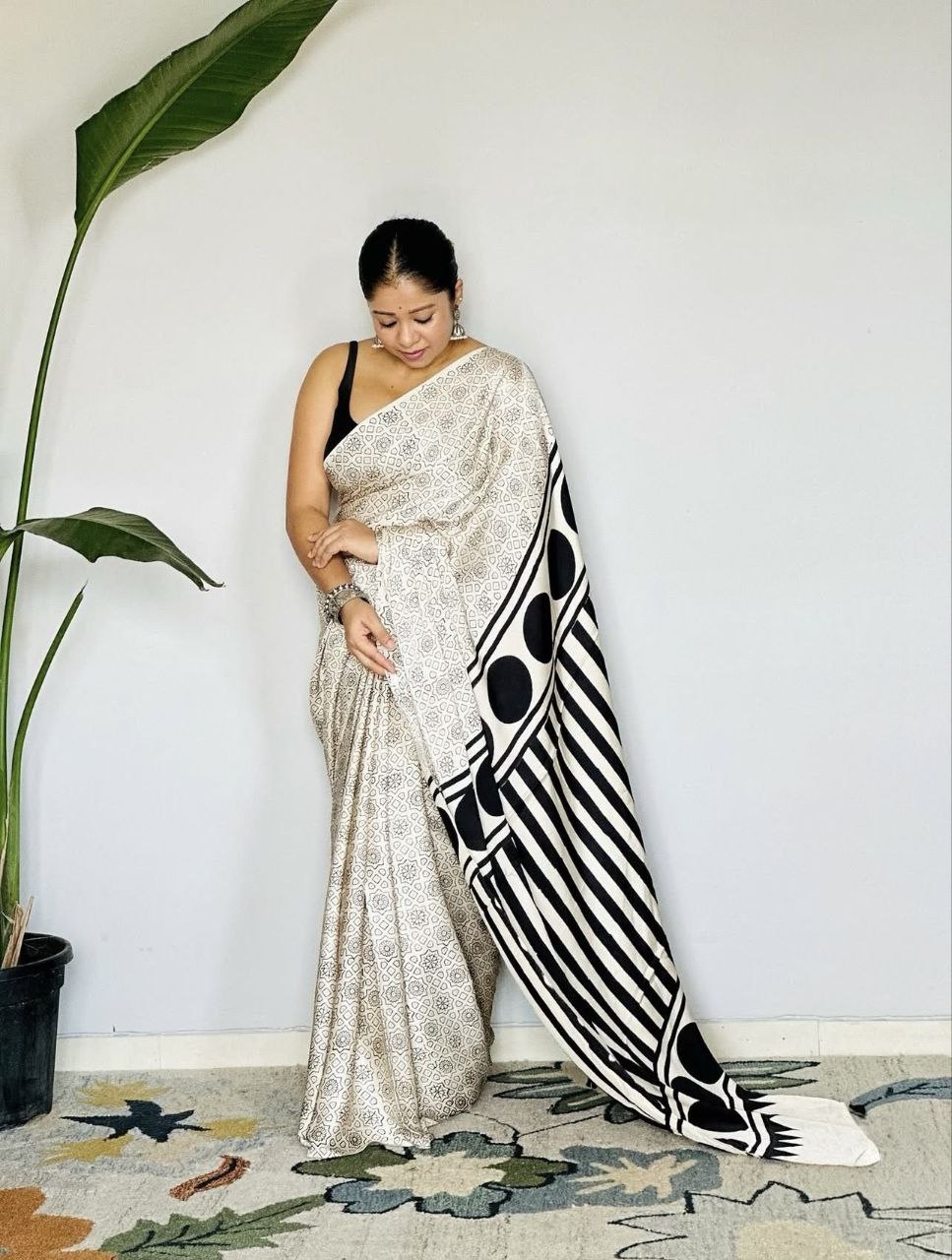 Ajrakh Digital Printed Original Modal Silk Saree with Attached Blouse