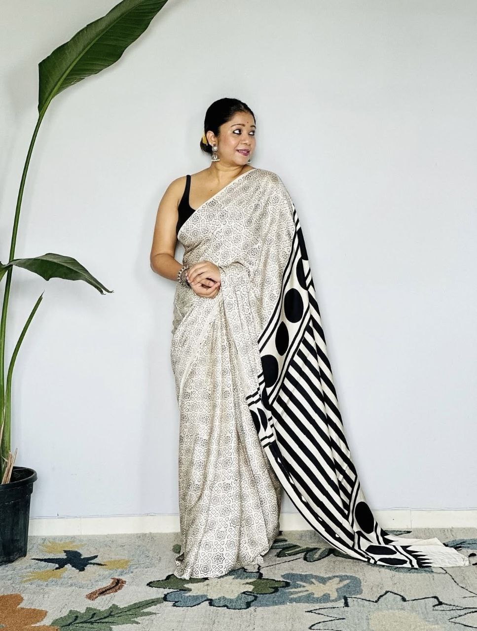 Ajrakh Digital Printed Original Modal Silk Saree with Attached Blouse