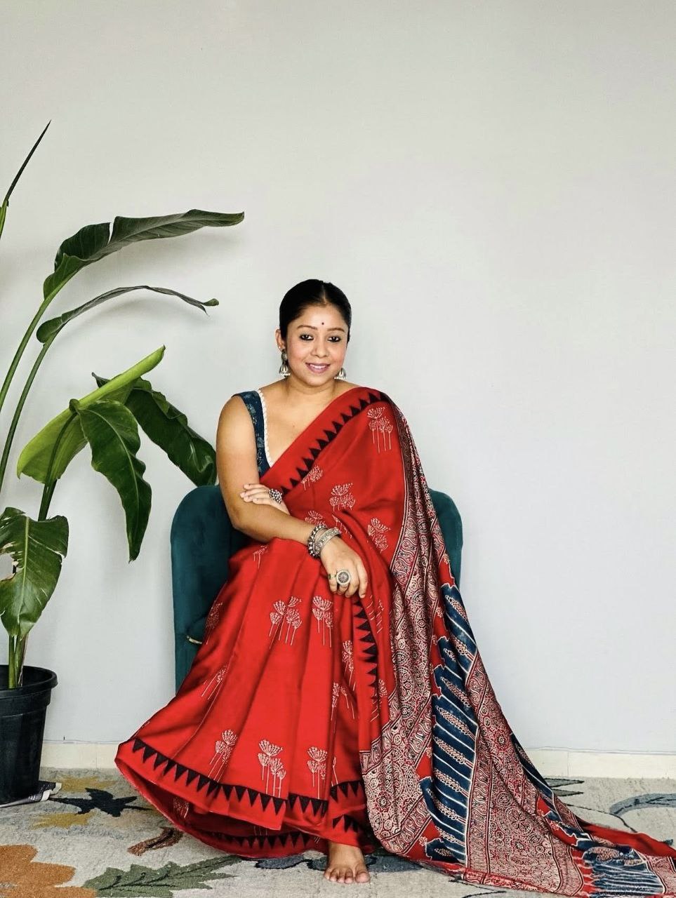 Ajrakh Digital Printed Original Modal Silk Saree with Attached Blouse