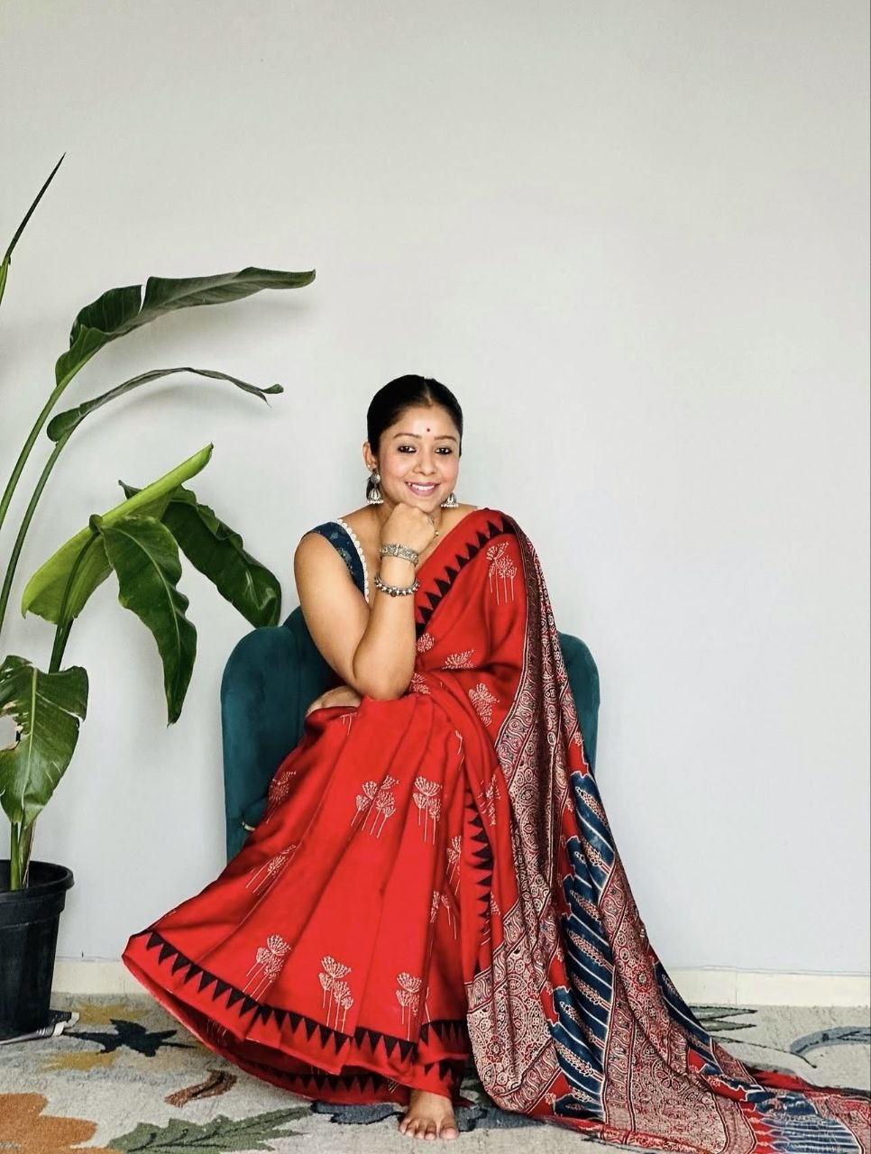 Ajrakh Digital Printed Original Modal Silk Saree with Attached Blouse