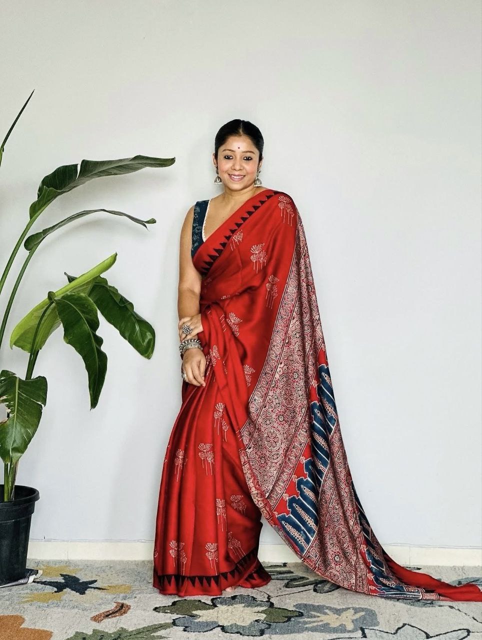 Ajrakh Digital Printed Original Modal Silk Saree with Attached Blouse