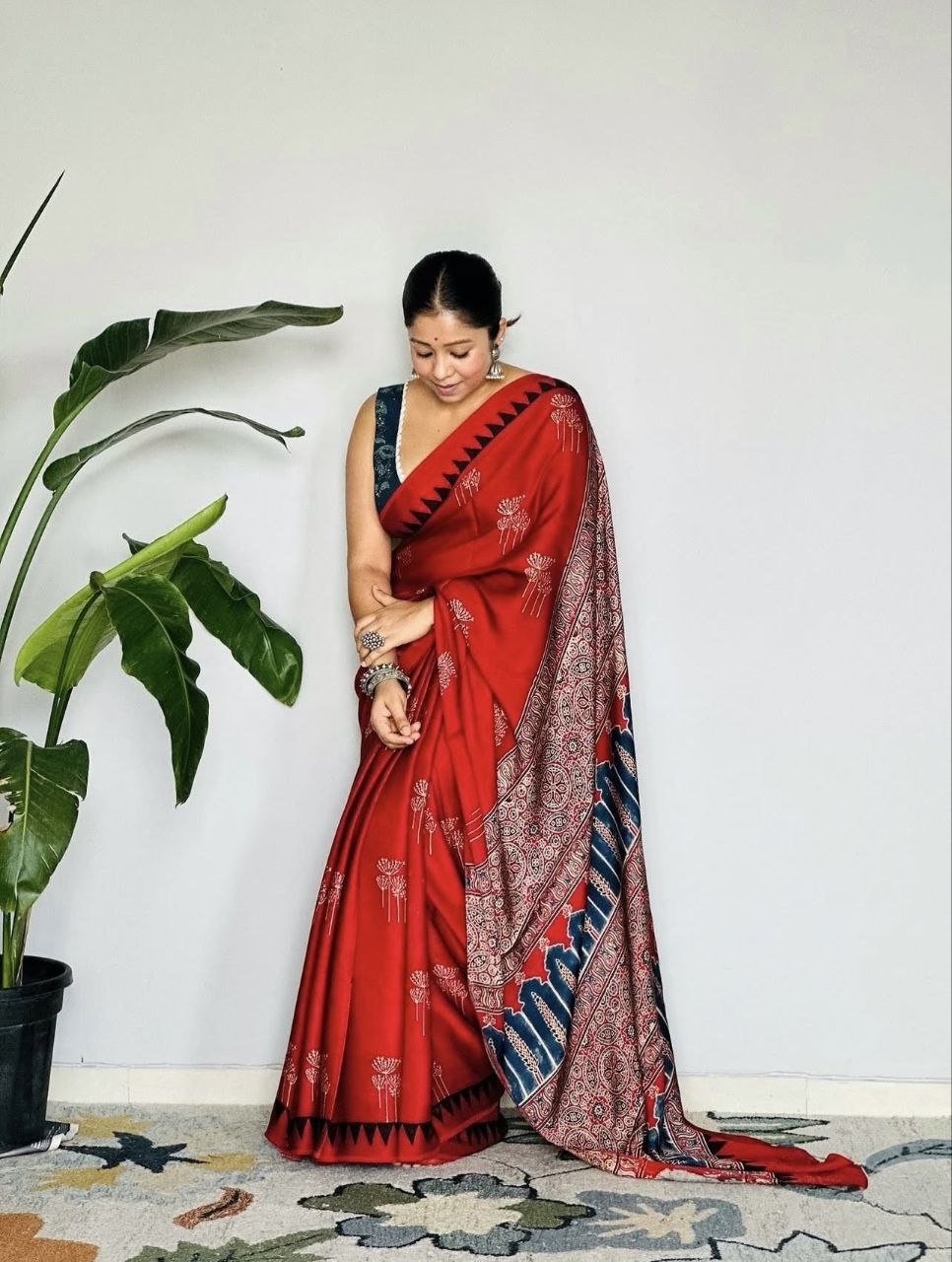 Ajrakh Digital Printed Original Modal Silk Saree with Attached Blouse