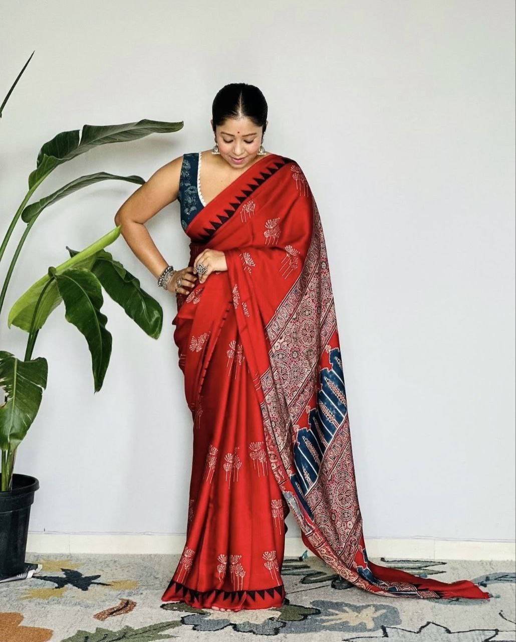 Ajrakh Digital Printed Original Modal Silk Saree with Attached Blouse