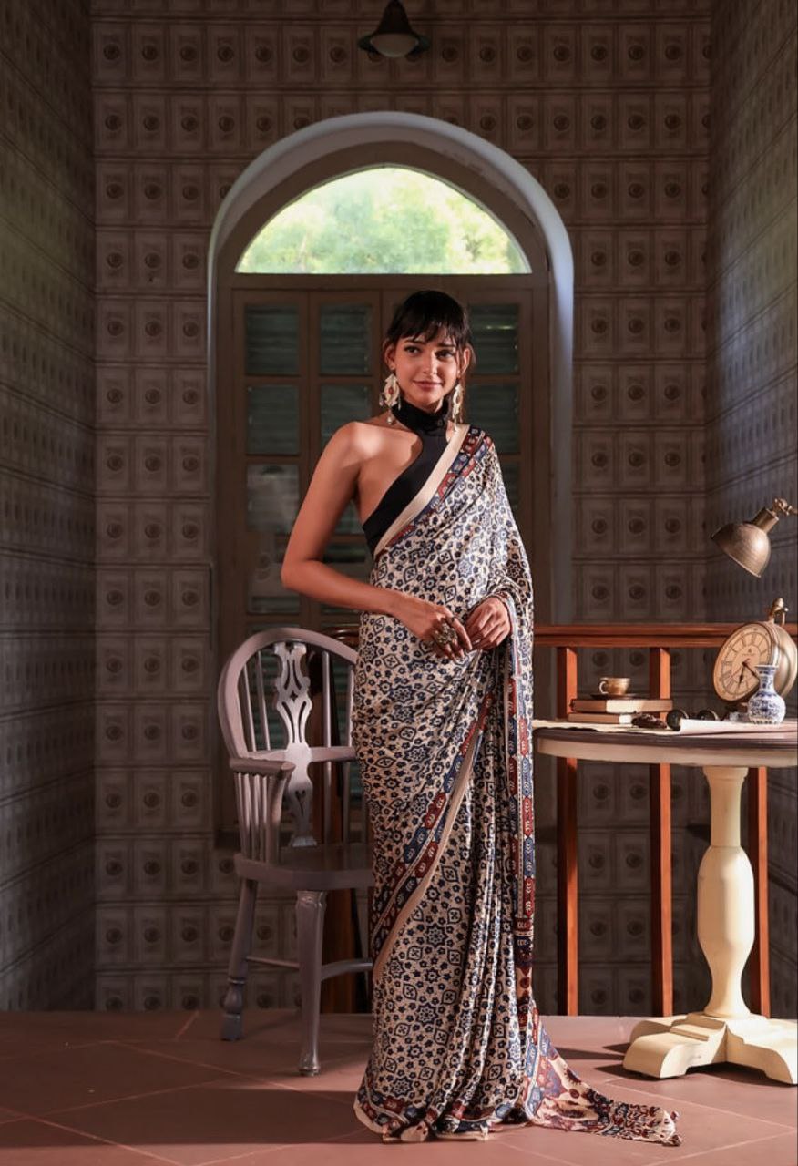 Ajrakh Digital Printed Original Modal Silk Saree with Attached Blouse