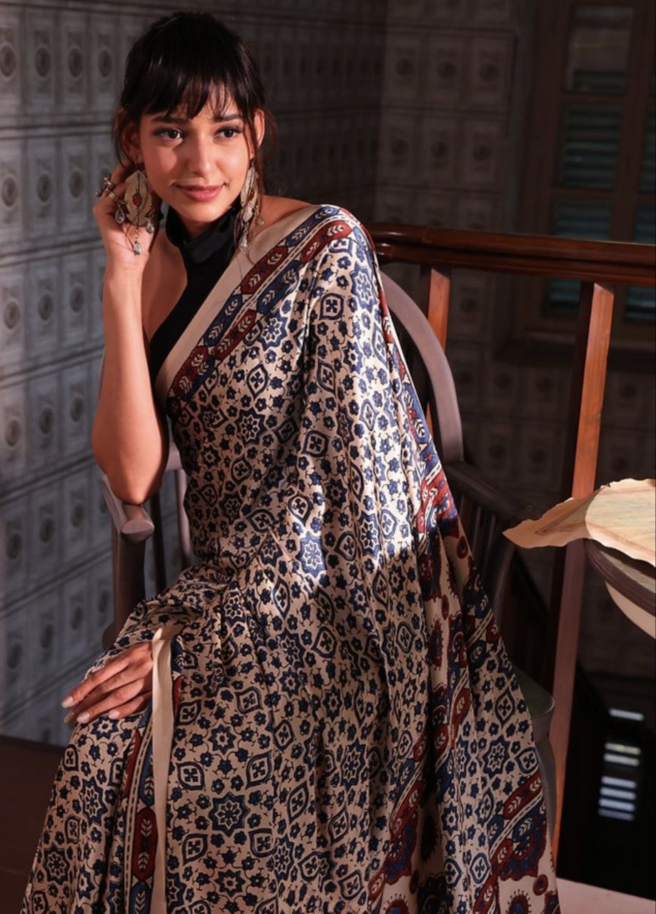 Ajrakh Digital Printed Original Modal Silk Saree with Attached Blouse
