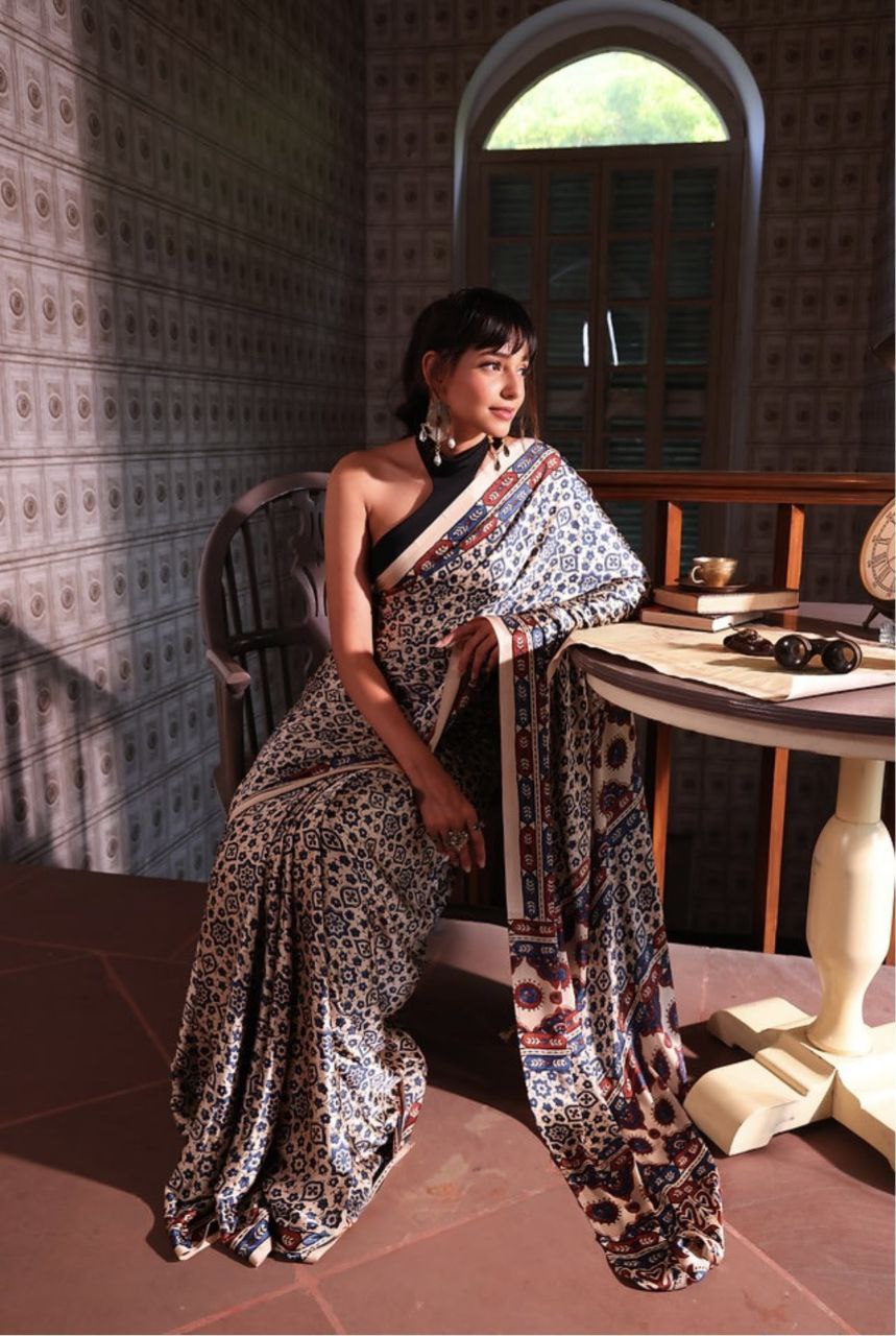 Ajrakh Digital Printed Original Modal Silk Saree with Attached Blouse