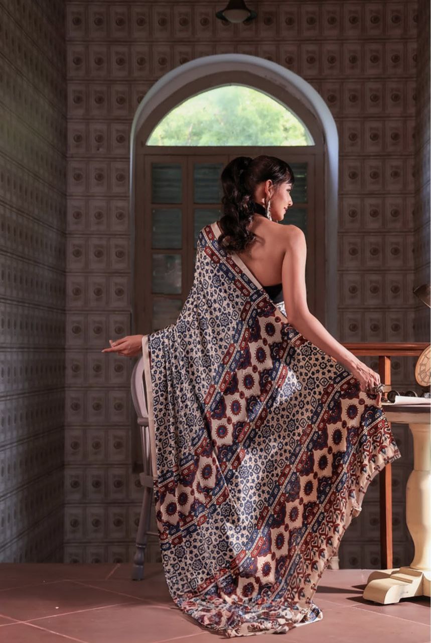 Ajrakh Digital Printed Original Modal Silk Saree with Attached Blouse