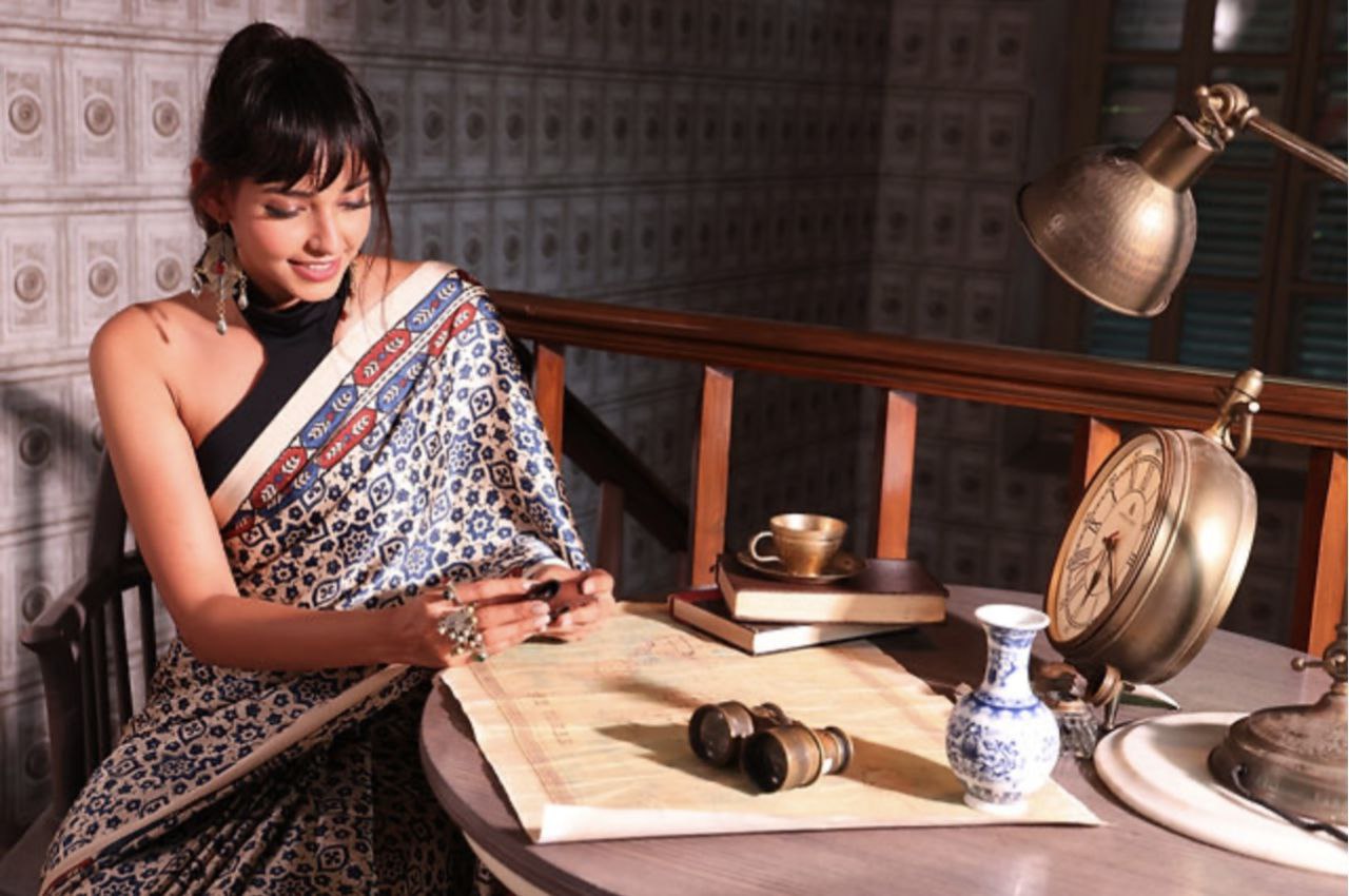 Ajrakh Digital Printed Original Modal Silk Saree with Attached Blouse