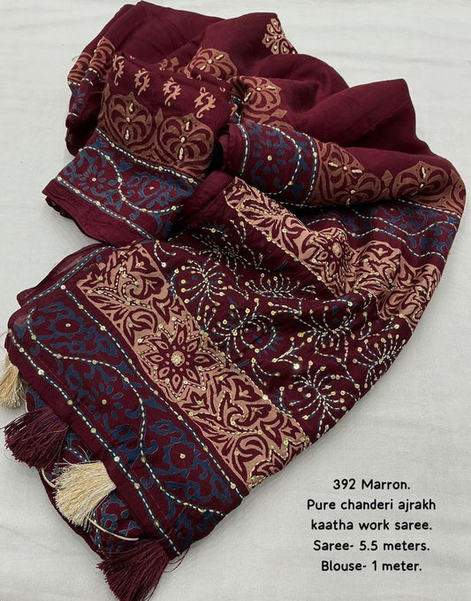 Hand Kantha Work & Sequins Outing Ajrakh Hand Block Pure Chanderi Cotton Saree With Blouse