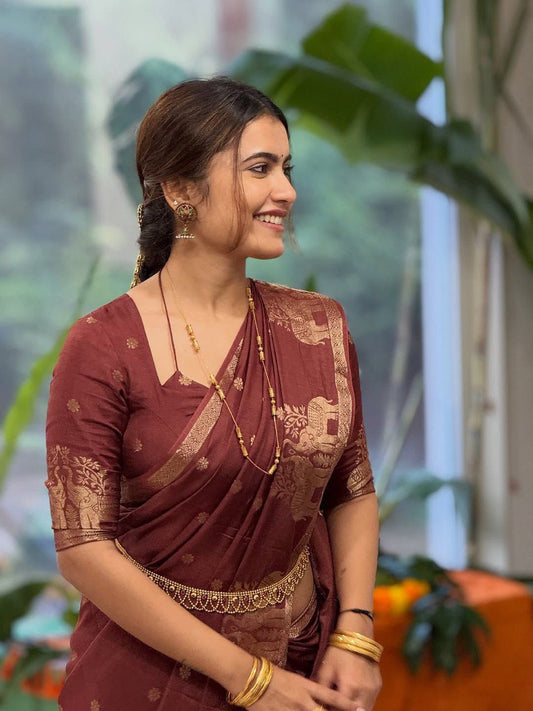 Super Zari Weaving Elephant Border Viscose Russian Silk Saree With Blouse