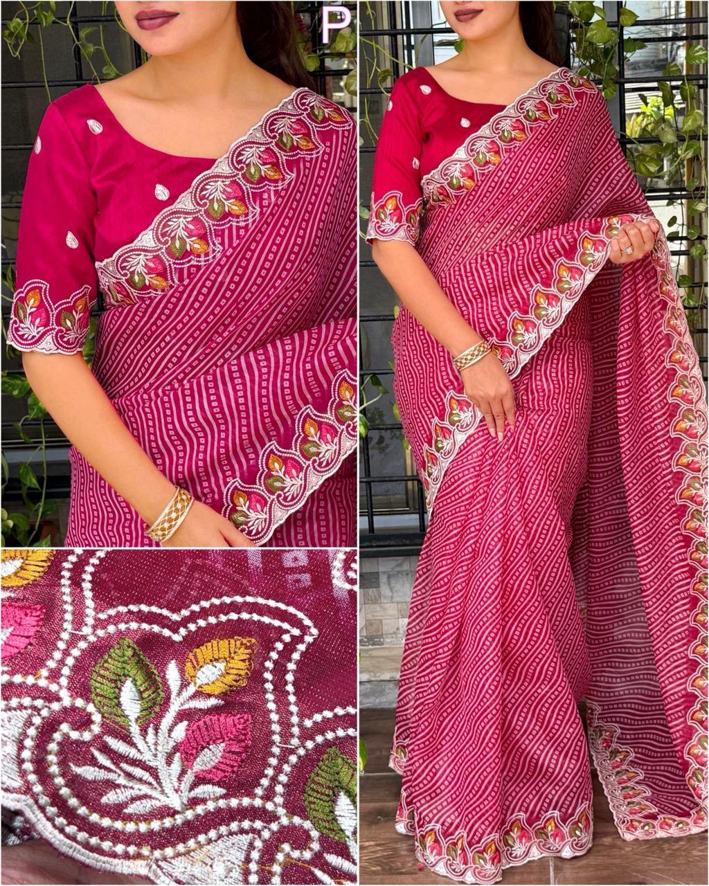 Embroidered Cotton Satin Saree with Bandhej Print & Banglori Blouse