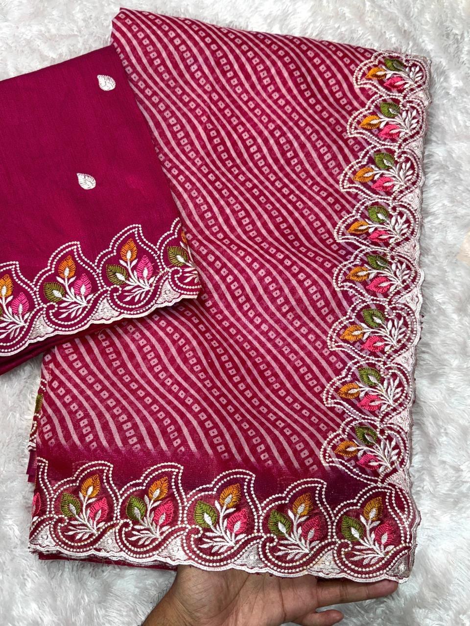 Embroidered Cotton Satin Saree with Bandhej Print & Banglori Blouse