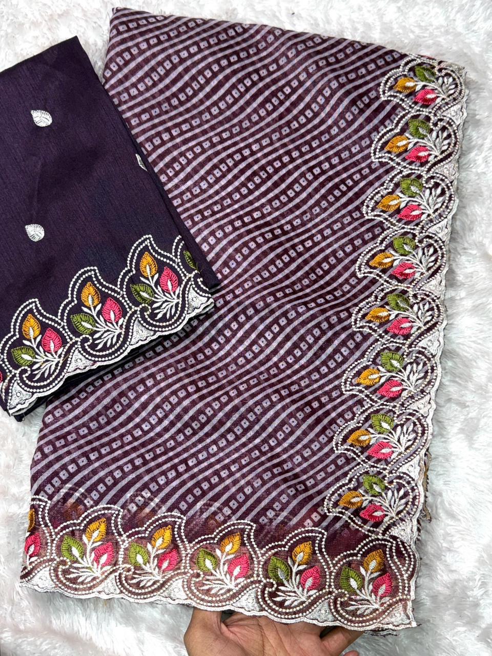 Embroidered Cotton Satin Saree with Bandhej Print & Banglori Blouse