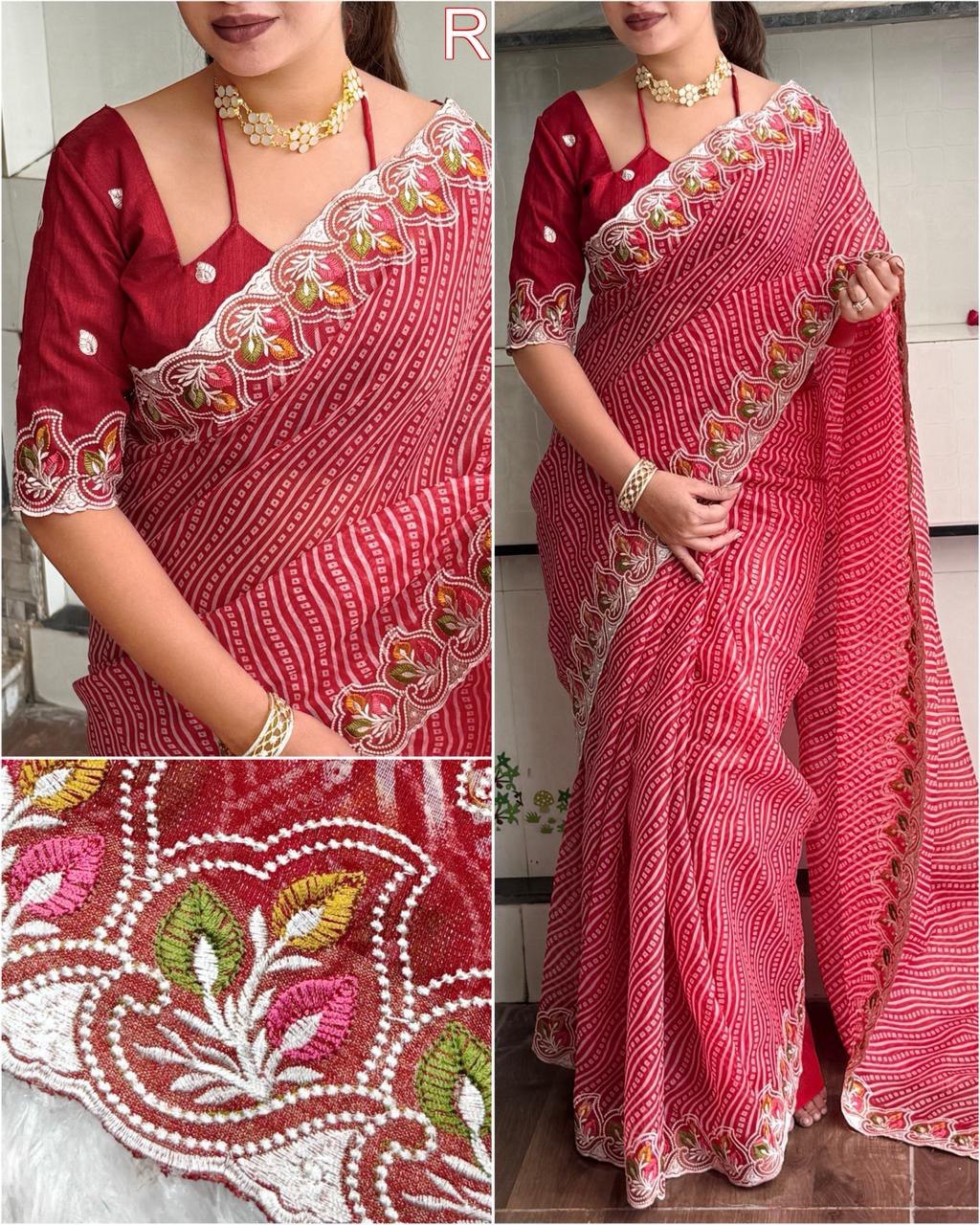 Embroidered Cotton Satin Saree with Bandhej Print & Banglori Blouse
