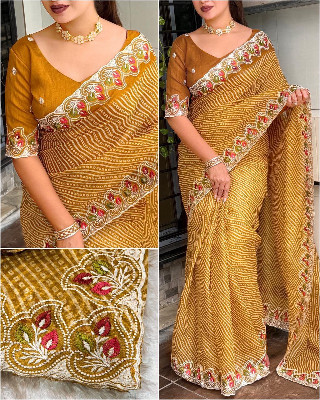 Embroidered Cotton Satin Saree with Bandhej Print & Banglori Blouse
