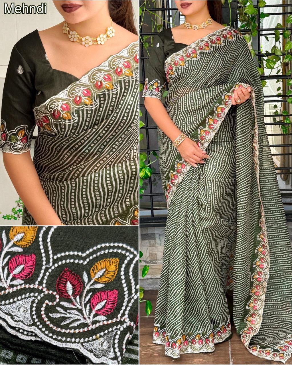 Embroidered Cotton Satin Saree with Bandhej Print & Banglori Blouse