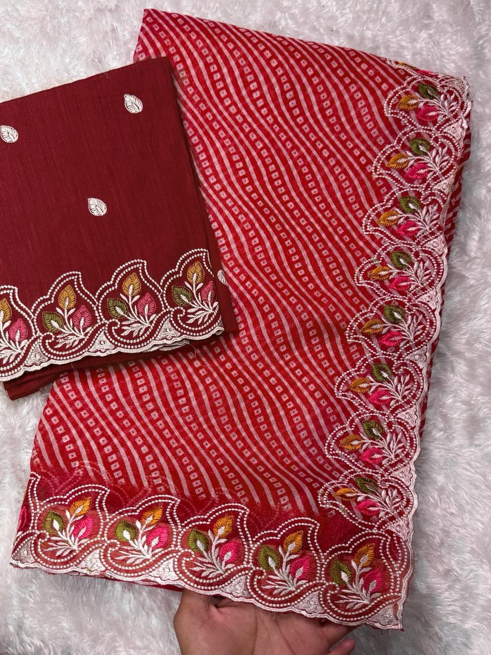 Embroidered Cotton Satin Saree with Bandhej Print & Banglori Blouse