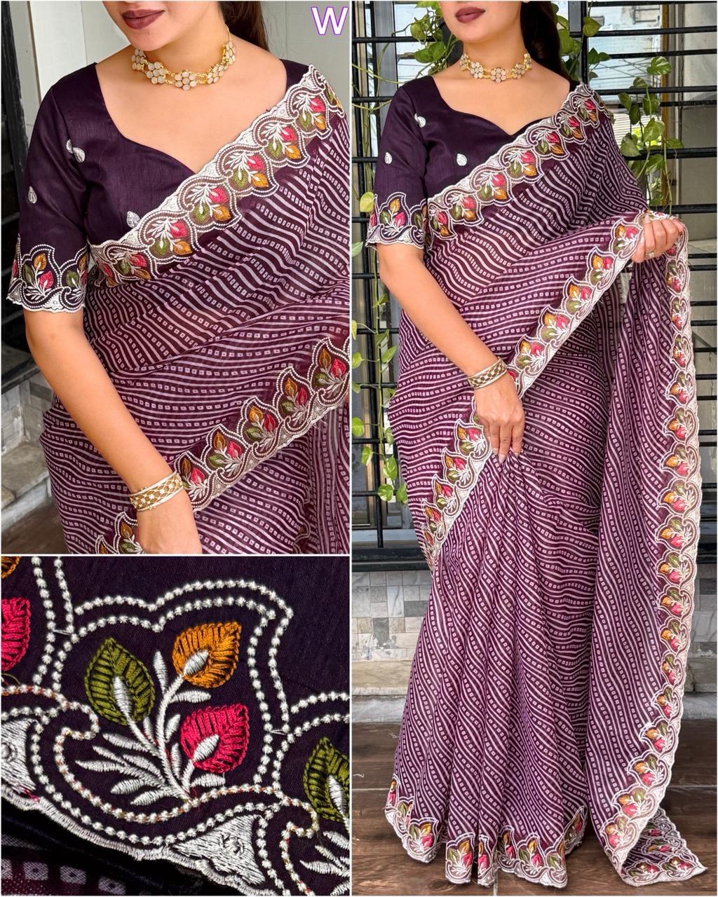 Embroidered Cotton Satin Saree with Bandhej Print & Banglori Blouse