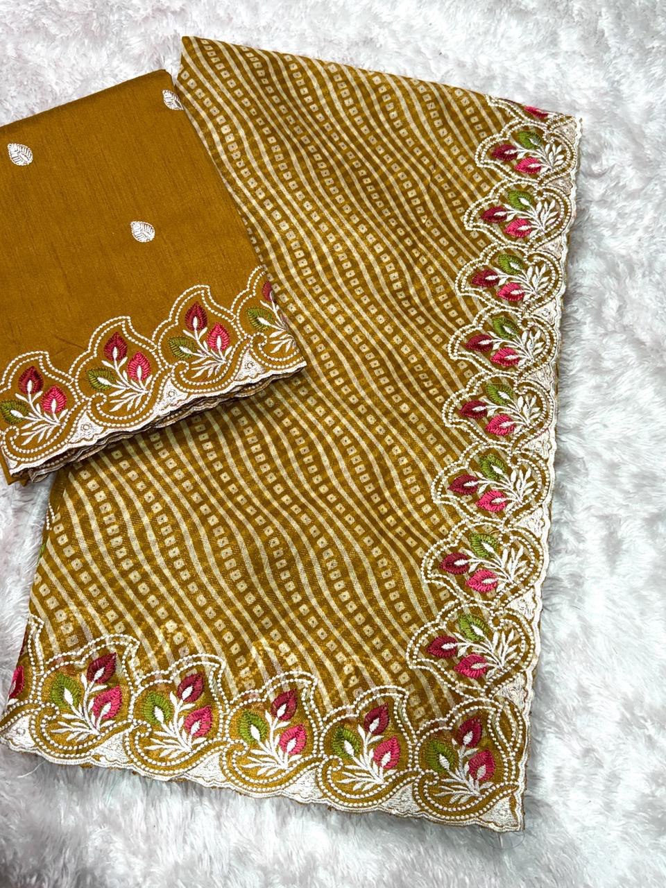 Embroidered Cotton Satin Saree with Bandhej Print & Banglori Blouse