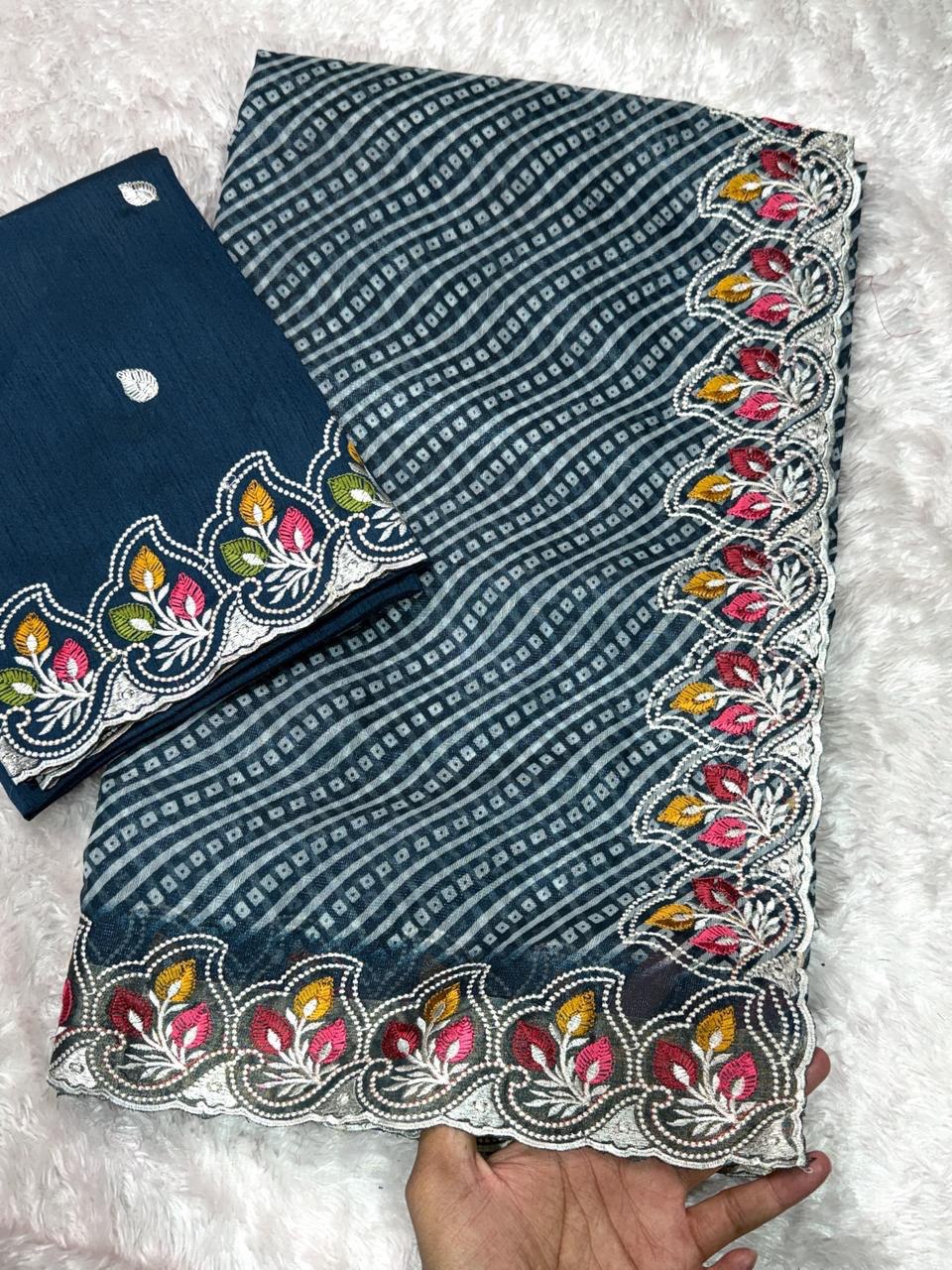 Embroidered Cotton Satin Saree with Bandhej Print & Banglori Blouse