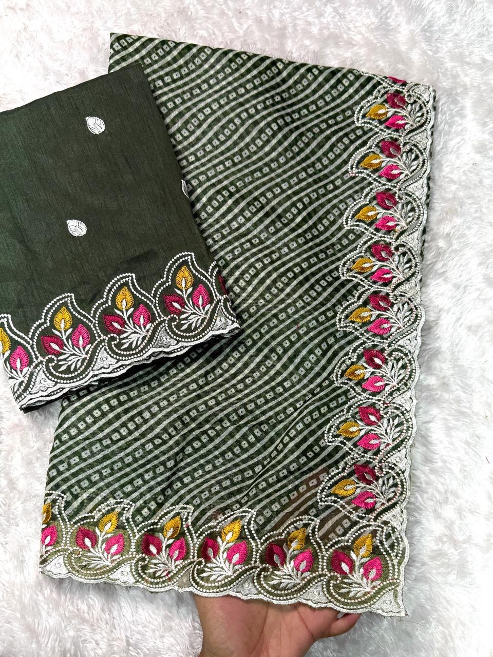 Embroidered Cotton Satin Saree with Bandhej Print & Banglori Blouse