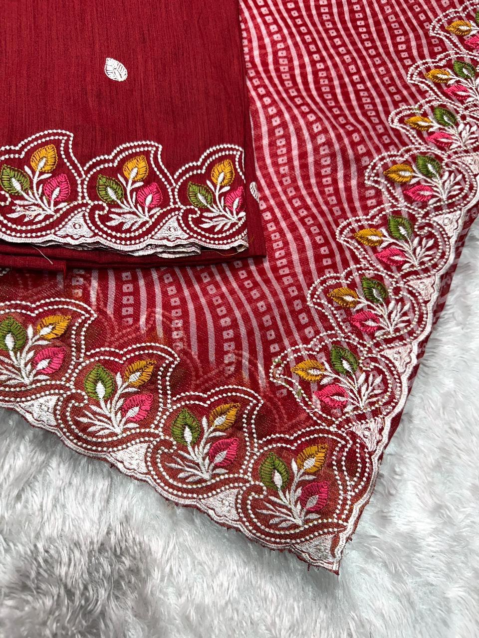 Embroidered Cotton Satin Saree with Bandhej Print & Banglori Blouse