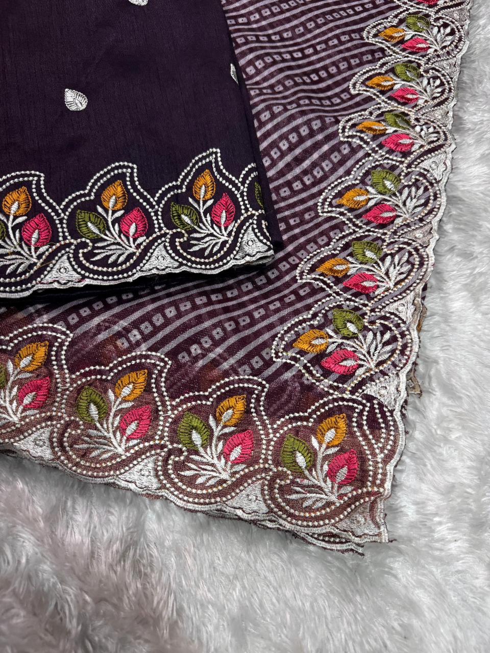 Embroidered Cotton Satin Saree with Bandhej Print & Banglori Blouse