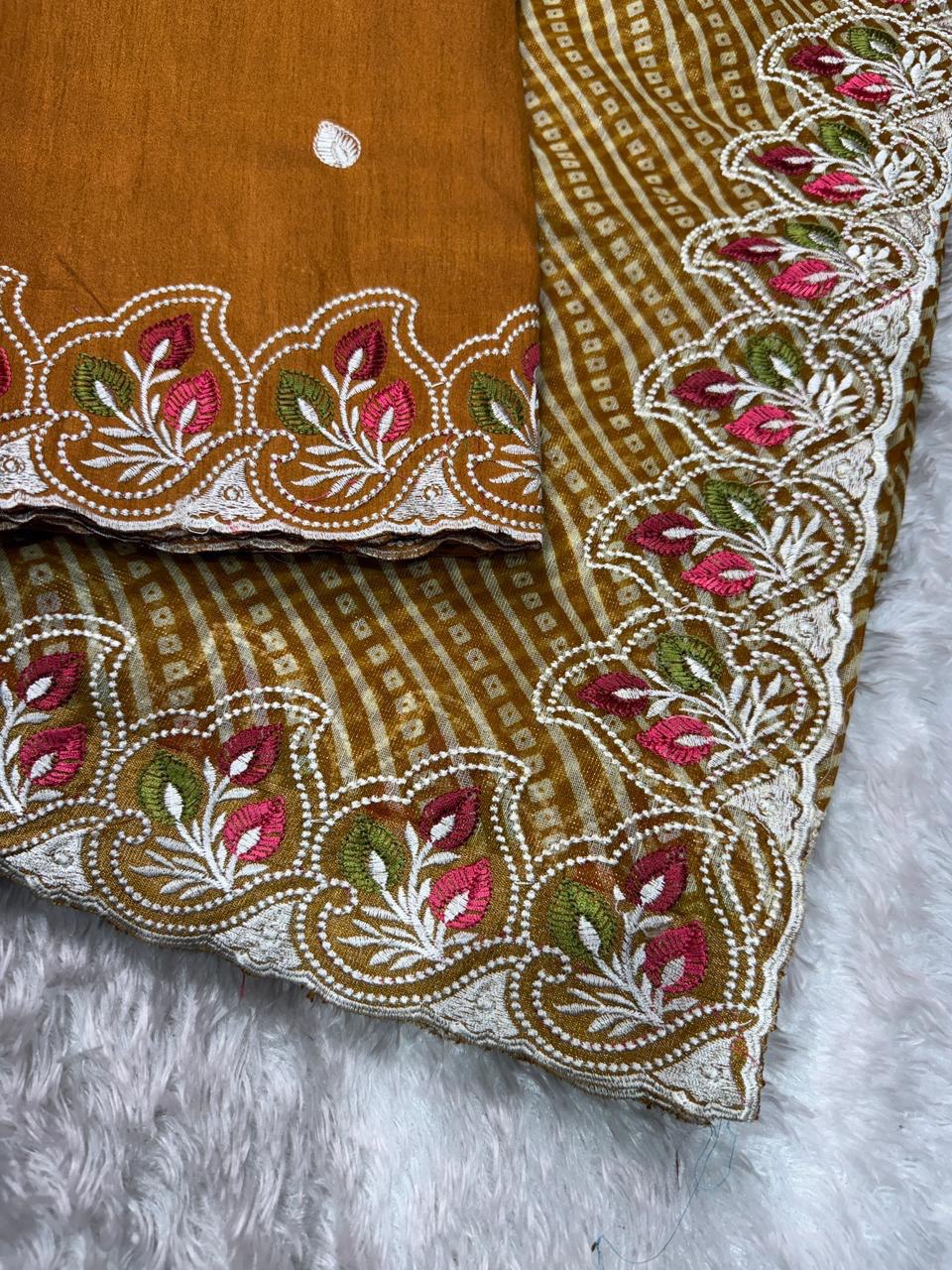 Embroidered Cotton Satin Saree with Bandhej Print & Banglori Blouse