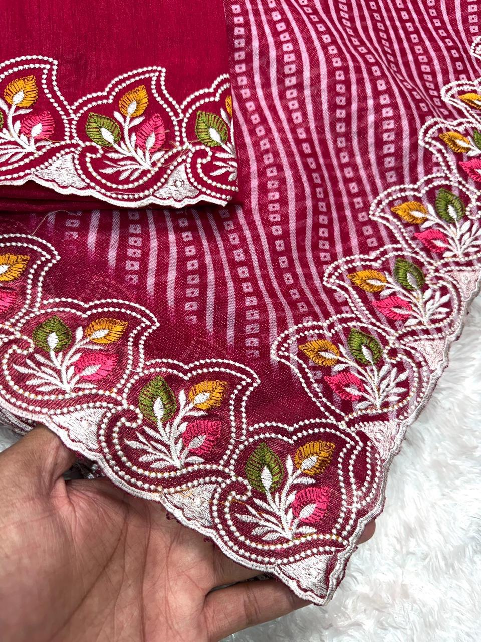 Embroidered Cotton Satin Saree with Bandhej Print & Banglori Blouse