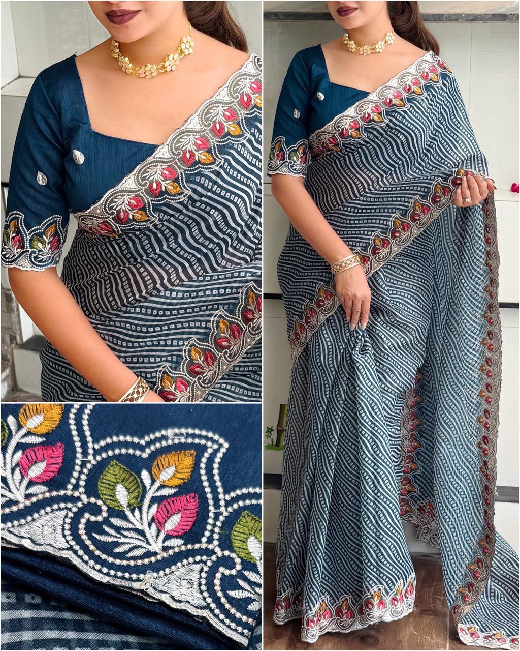 Embroidered Cotton Satin Saree with Bandhej Print & Banglori Blouse