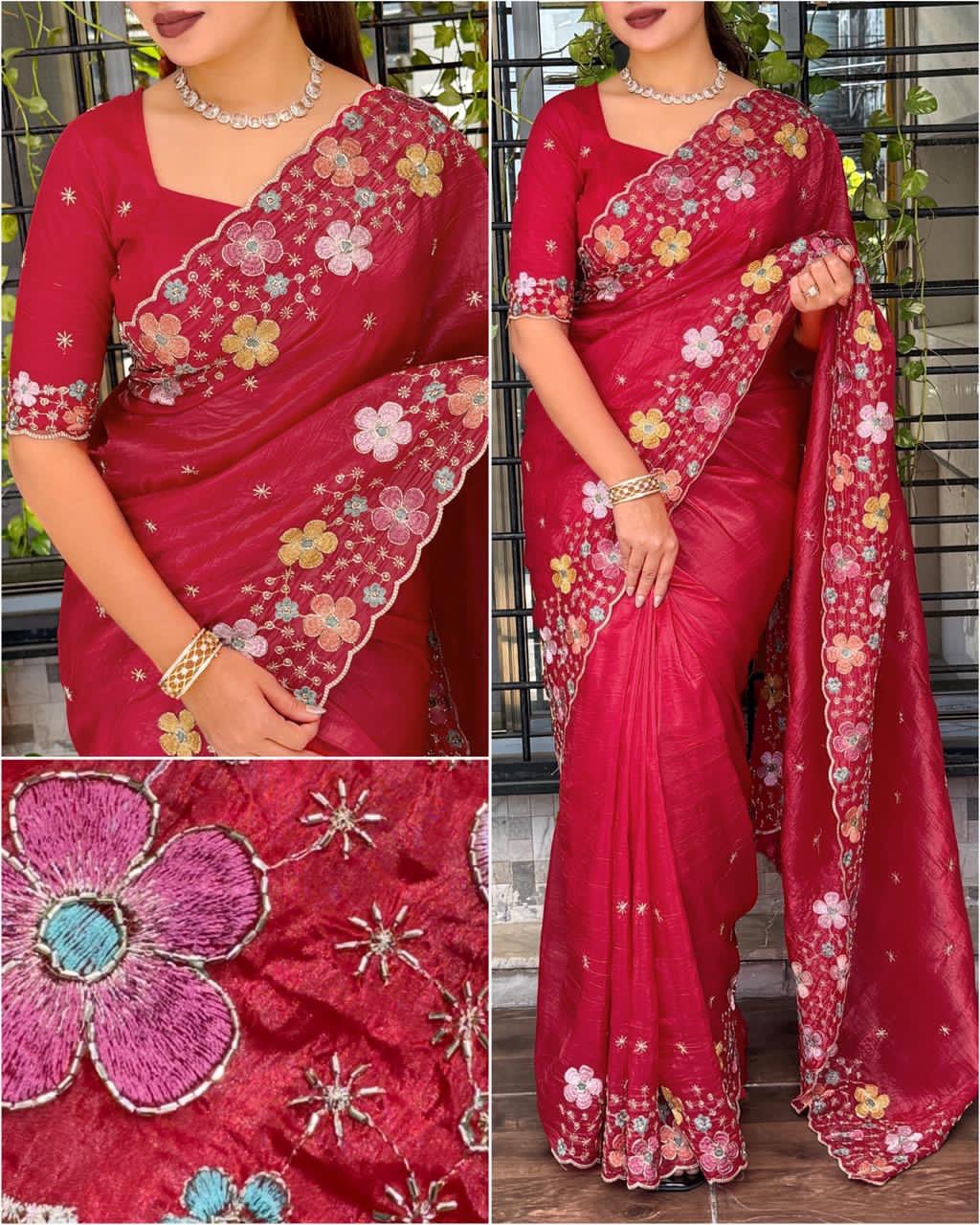 Beads Embroidered Work Sufi Silk Crush Saree with Soft Net Blouse