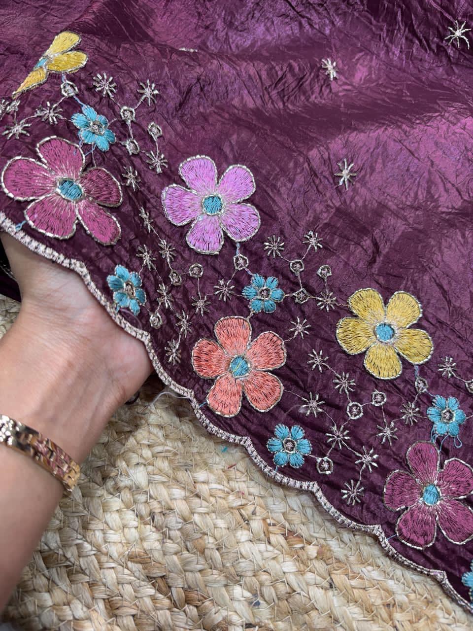 Beads Embroidered Work Sufi Silk Crush Saree with Soft Net Blouse