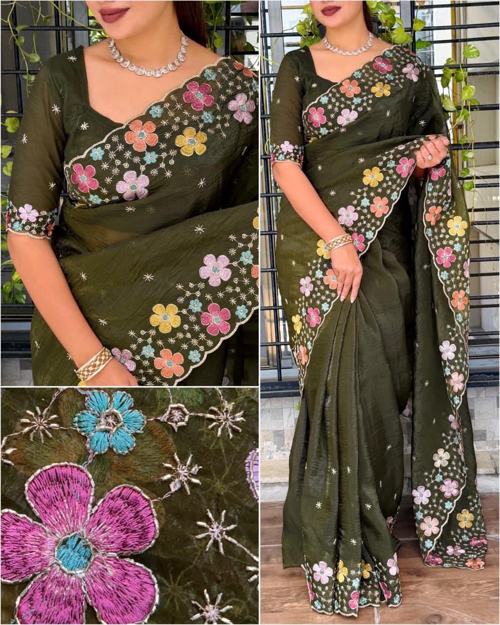 Beads Embroidered Work Sufi Silk Crush Saree with Soft Net Blouse