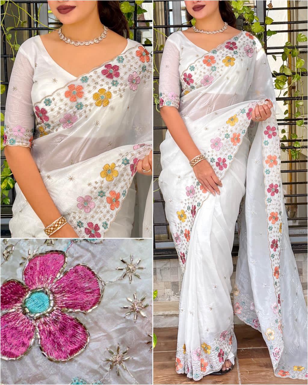 Beads Embroidered Work Sufi Silk Crush Saree with Soft Net Blouse