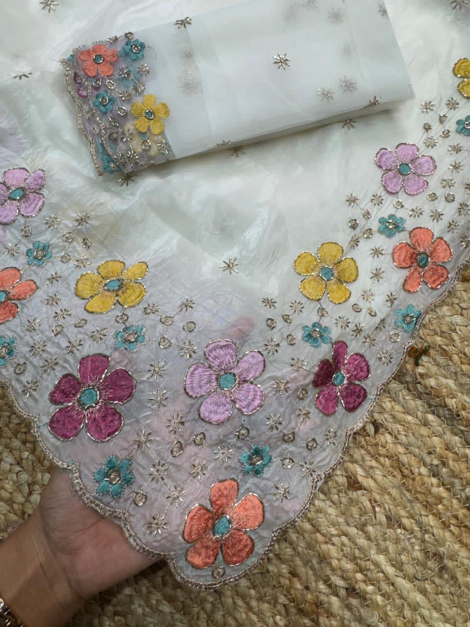 Beads Embroidered Work Sufi Silk Crush Saree with Soft Net Blouse