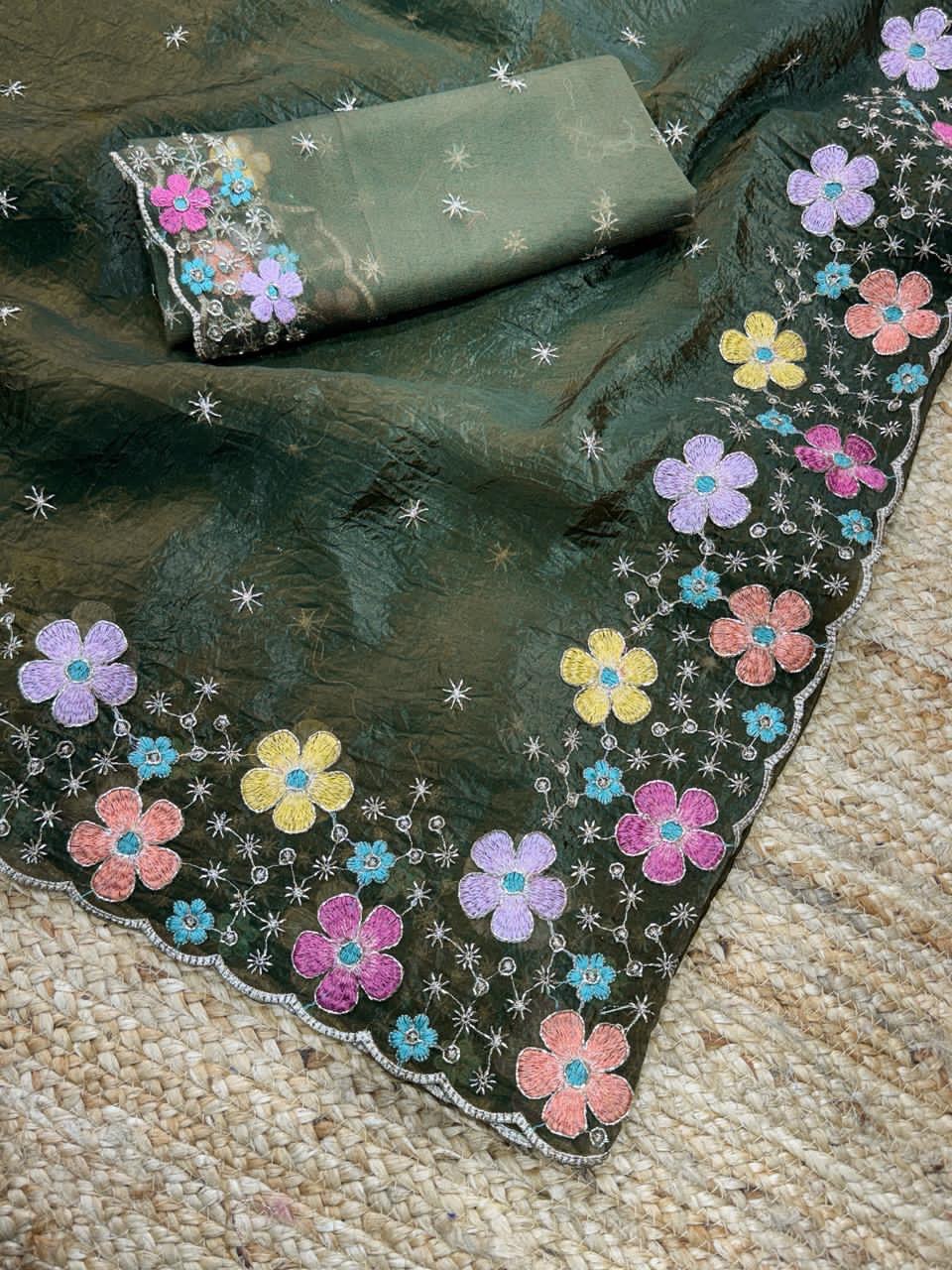 Beads Embroidered Work Sufi Silk Crush Saree with Soft Net Blouse