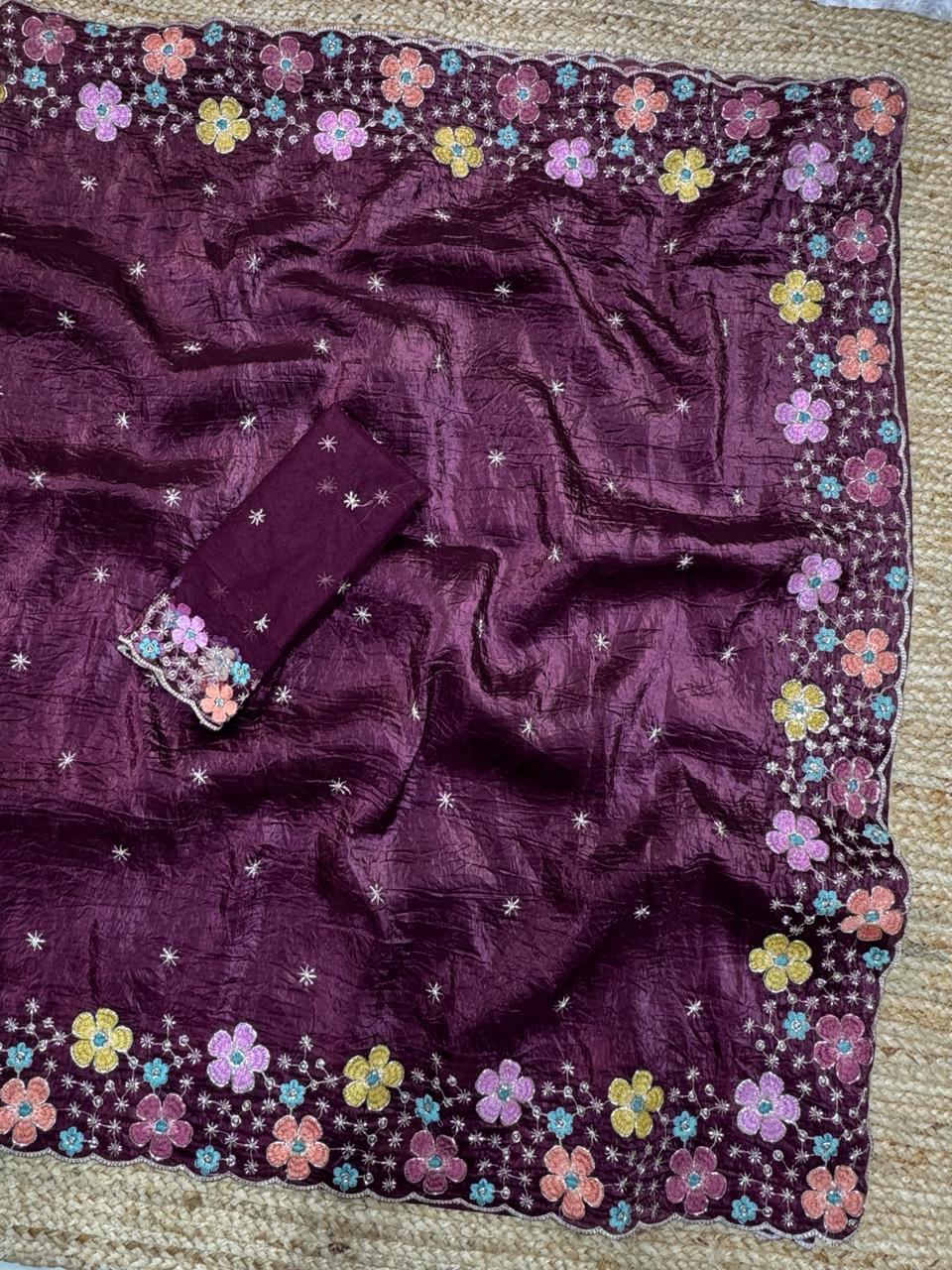 Beads Embroidered Work Sufi Silk Crush Saree with Soft Net Blouse