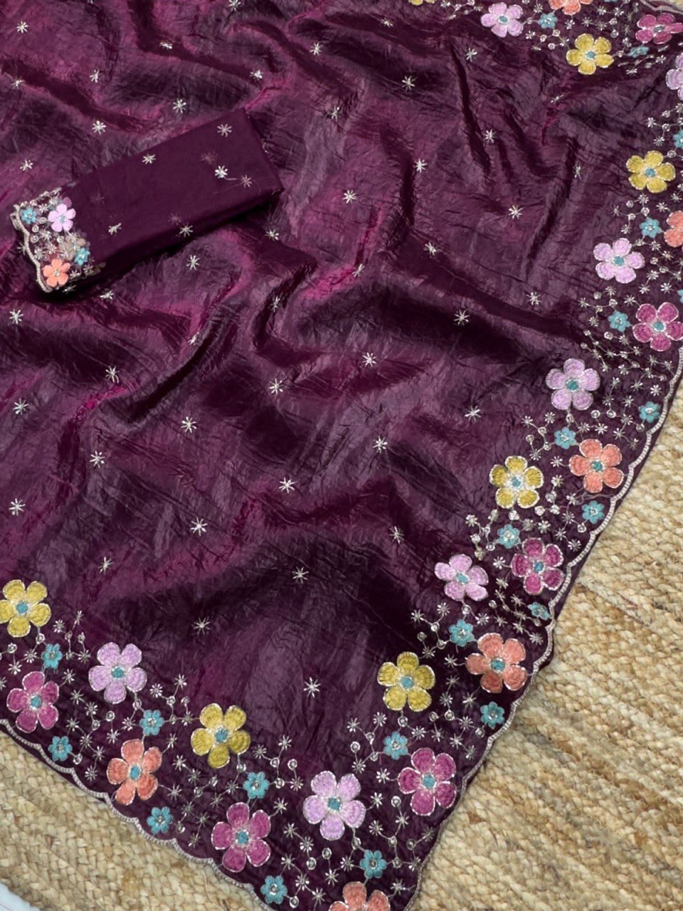 Beads Embroidered Work Sufi Silk Crush Saree with Soft Net Blouse