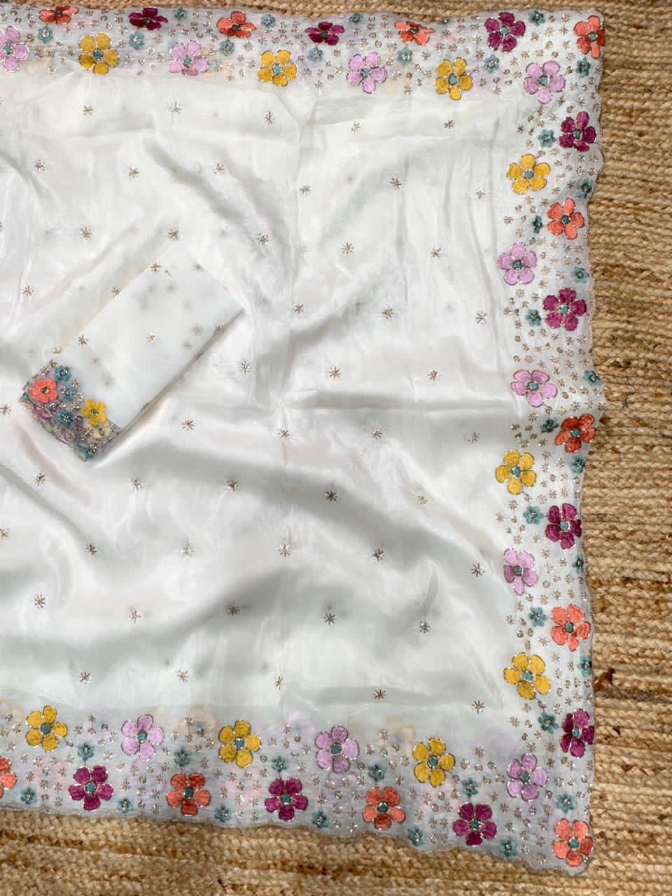 Beads Embroidered Work Sufi Silk Crush Saree with Soft Net Blouse