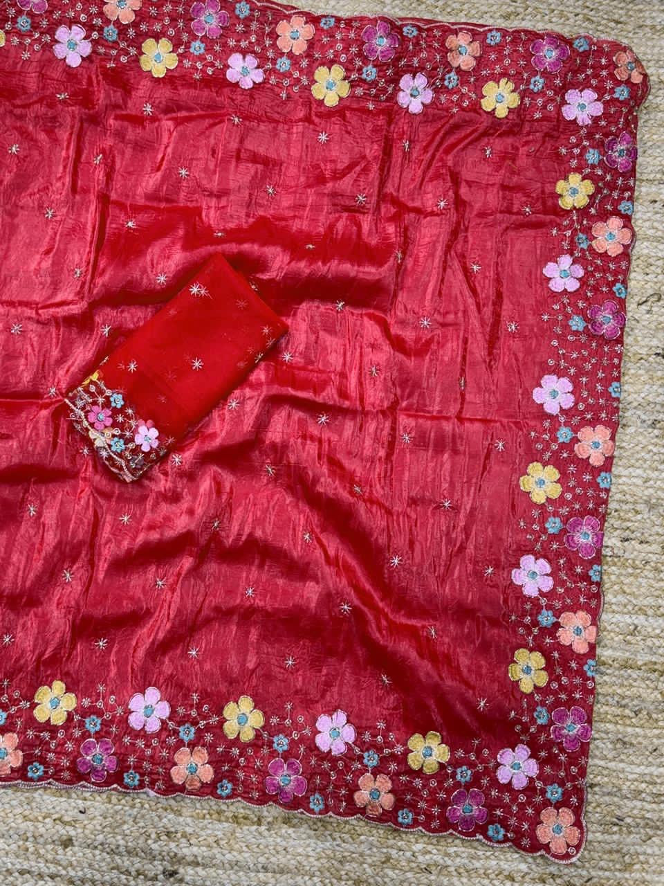 Beads Embroidered Work Sufi Silk Crush Saree with Soft Net Blouse