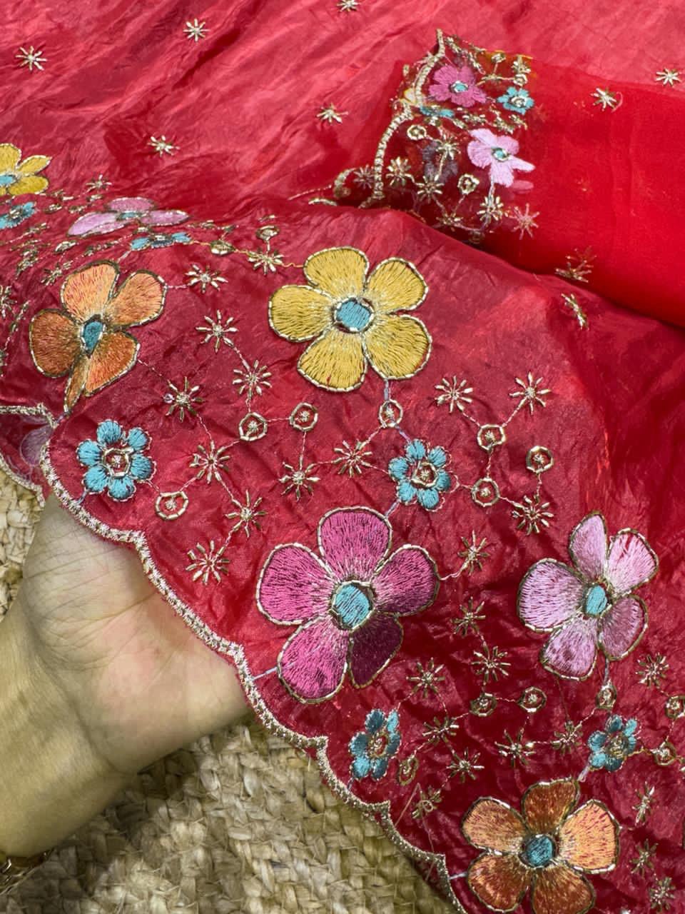 Beads Embroidered Work Sufi Silk Crush Saree with Soft Net Blouse