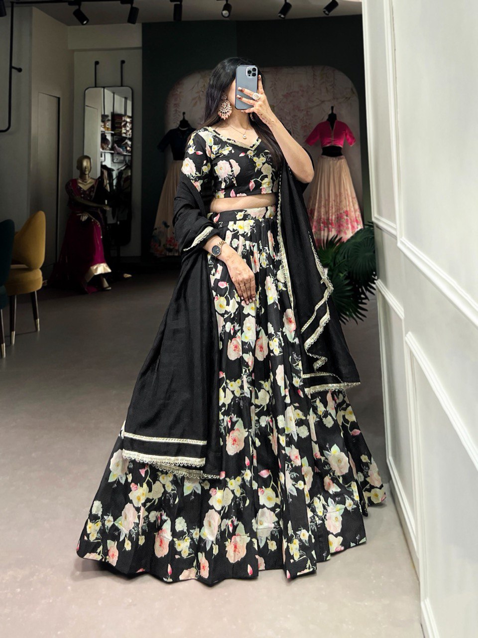 Tussar Silk Floral Print Lehenga Choli Set with Vichitra Silk Dupatta