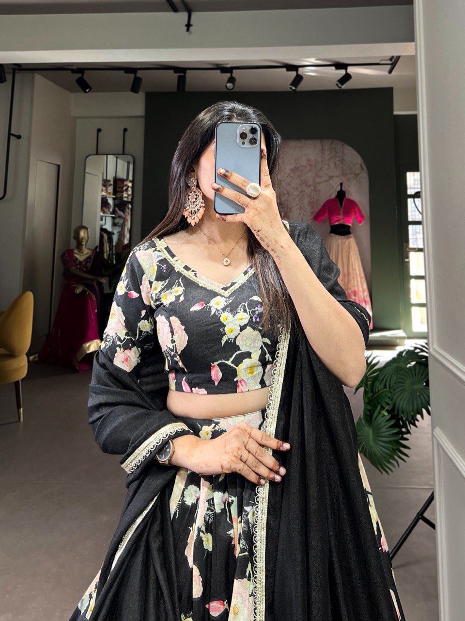 Tussar Silk Floral Print Lehenga Choli Set with Vichitra Silk Dupatta